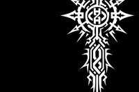 White tribal cross design with intricate geometric patterns and sharp angular elements on black background, isolated graphic suitable for tattoo art and religious themes.