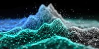 Abstract digital mountain landscape with glowing wireframe mesh network overlay on dark background with particles for technology and data visualization concepts.
