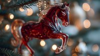 Red glass horse ornament hanging on Christmas tree with soft bokeh lights in background, festive holiday decoration.