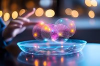 Glowing neon spheres floating above luminous plate with magical light effects and bokeh background, creating mystical atmospheric composition.