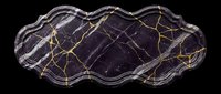 Purple banded fluorite mineral specimen with golden veining and natural crystalline formations on black background for geology education and collection.