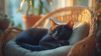 Black cat sleeping peacefully in rattan chair with soft cushion, bathed in warm sunlight streaming through window, creating cozy home atmosphere.