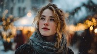 Young woman with auburn hair wearing gray scarf looking up during snowfall with festive bokeh lights in background, creating atmospheric winter mood.