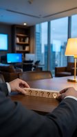 Business executive hands holding wooden blocks with question marks and lightbulb symbol representing problem solving and innovation in modern office.