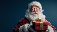 Portrait of senior man with white beard and fur hat holding red gift box with gold ribbon against dark blue background for holiday advertising.