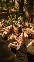 Hands holding rustic ceramic mug in autumn forest setting with warm sunlight filtering through trees and fallen leaves creating cozy outdoor atmosphere.