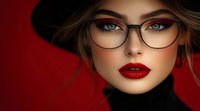 Young Caucasian woman wearing glasses and red lipstick against red background, dramatic portrait with black hat and turtleneck, fashion beauty makeup close-up.
