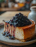 Creamy baked cheesecake slice topped with fresh berry compote on rustic ceramic plate, showcasing rich texture and golden crust against dark fruit sauce.