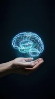 Glowing holographic brain floating above open human hands on dark background representing artificial intelligence, neuroscience and mental health concepts.