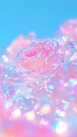 Dreamy crystalline rose with pink petals against blue sky, surrounded by soft bokeh lights and pastel clouds for fantasy designs.