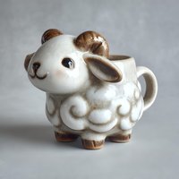 Adorable ceramic sheep mug with brown accents on neutral background. Cute animal-shaped drinkware for coffee, tea, kitchen decor and gift concepts.