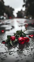 Red roses lying on wet asphalt during rain with water drops and blurred city lights in background, creating romantic and melancholic atmosphere.