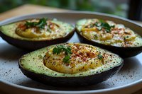 Baked avocado halves with eggs, herbs and spices on white plate. Healthy breakfast or brunch dish with nutritious ingredients for clean eating lifestyle.