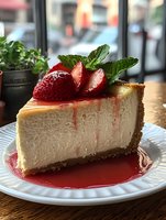 Slice of creamy cheesecake topped with fresh strawberries and mint leaves on white plate, drizzled with strawberry sauce, restaurant setting with natural lighting.