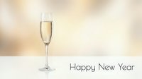 Champagne flute with bubbles on golden bokeh background and Happy New Year text, festive celebration concept for holiday greeting cards.