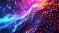 Glowing network connections with colorful bokeh lights in blue, pink and orange gradient background creating futuristic digital landscape.