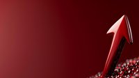 Red glossy arrow pointing upward against dark burgundy background with scattered metallic spheres, symbolizing growth, success and positive business trends.