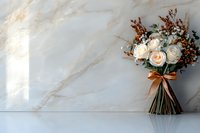 Elegant bridal bouquet with peach roses and dried flowers tied with copper ribbon against marble background, minimalist wedding floral arrangement on light surface.