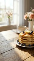 Stack of golden pancakes topped with fresh blueberries and caramel drizzle on white plate, served at bright wooden table with coffee cup, flowers in vase, and sunlit window for breakfast or brunch.