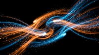 Abstract flowing energy waves with orange and blue light trails creating dynamic motion against black background for digital art and technology concepts.