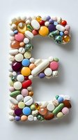 Letter E shape formed with colorful pills, tablets, and capsules arranged on white background, representing pharmaceutical or healthcare concept.