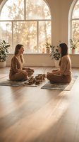 Two young women practicing meditation together in serene yoga studio with singing bowls, natural light streaming through arched windows creating peaceful atmosphere.