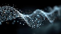 Abstract digital wave of binary code and data particles flowing on dark background, representing technology and information transfer in cyberspace.