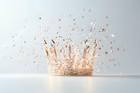 Rose gold glitter crown with sparkling particles floating against light background, royal celebration symbol with magical dust effect and soft reflection.