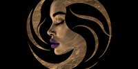 Young woman with purple lips and flowing hair in golden metallic style against black background, profile view portrait showing feminine grace and elegance.