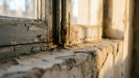 Old weathered wooden window frame with peeling paint and decay showing abandonment and deterioration in vintage interior architecture.