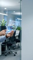 Hand holding transparent digital tablet with holographic interface displaying analytics dashboard in modern office environment with glass partition and plants.