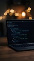 Laptop displaying colorful code on screen with warm bokeh lights in background creating cozy programming workspace atmosphere for web development projects.