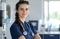 Young female healthcare professional with stethoscope wearing navy scrubs, standing confidently in modern medical clinic with arms crossed, suitable for healthcare, medical services and hospital staff content.