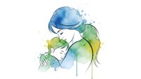 Watercolor mother embracing baby in tender moment with soft blue and green tones on white background isolated for design projects and greeting cards.
