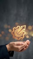 Businessperson holding glowing neon gear and arrow icon symbolizing growth, optimization, and business development strategy for corporate success and innovation concepts.
