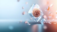 Frozen cryptocurrency bitcoin coin in ice cube with bokeh light effects on blurred background, modern financial concept for digital banking.
