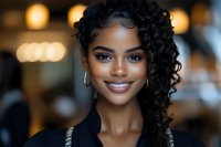 Young African American woman with curly natural hair and bright smile against blurred warm background, wearing black top and silver hoop earrings.