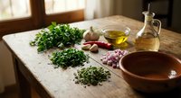 Fresh herbs chopped on rustic wooden cutting board with olive oil and garlic in warm kitchen setting for cooking and culinary preparation.