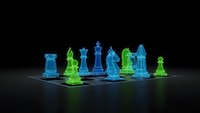 Glowing neon chess pieces in blue and green colors on dark background for strategic gaming and competition concepts.