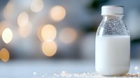 Fresh milk in glass bottle with water drops on blurred bokeh background with golden lights, morning breakfast concept for food photography and design.