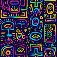 Vibrant neon tribal faces and eyes pattern on dark background with abstract geometric shapes in bright colors creates psychedelic seamless repeat design.
