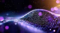 Glowing digital wave made of particles with purple and blue light effects on dark background, bokeh circles and motion blur create futuristic atmosphere.