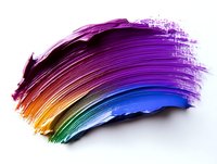 Vibrant rainbow colored brush stroke smear on white background showing gradient transition from purple through orange to blue and green tones for creative design projects.