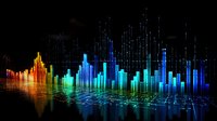 Colorful digital audio spectrum visualization with rainbow gradient bars reflecting on dark surface, showing dynamic music waves and sound frequencies.
