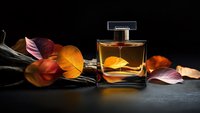 Luxury perfume bottle with autumn leaves on dark background, elegant fragrance product photography for cosmetic advertising and beauty campaigns.