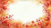 Red and gold festive frame with lanterns, plum blossoms, and ornamental swirls surrounding white center space for text, greeting cards, invitations, posters.
