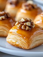 Flaky layered pastry topped with honey glaze and walnuts on white plate, macro shot showing delicate texture and golden caramel drizzle. For food marketing.