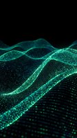 Glowing turquoise digital waves made of particles flow across dark background, representing data streams, technology, and innovation for tech and business applications.