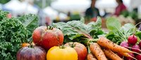 Fresh organic vegetables including tomatoes, carrots, beets and leafy greens displayed at farmers market with blurred shoppers in background for agriculture and healthy eating concepts.