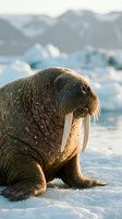 Walrus with large tusks resting on snowy ice in arctic landscape with blurred mountains in background during golden hour light for wildlife photography.
